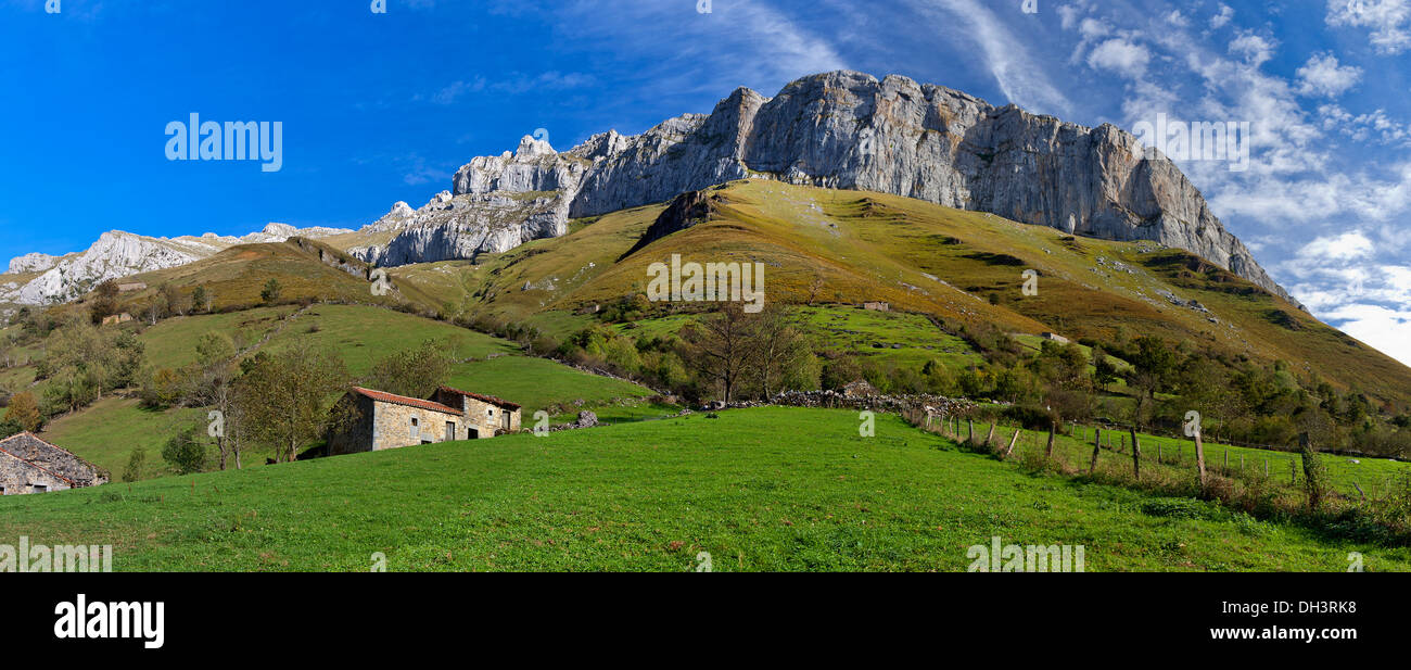 Cantabrian mountain range.Farmhouse and fields. Stock Photo