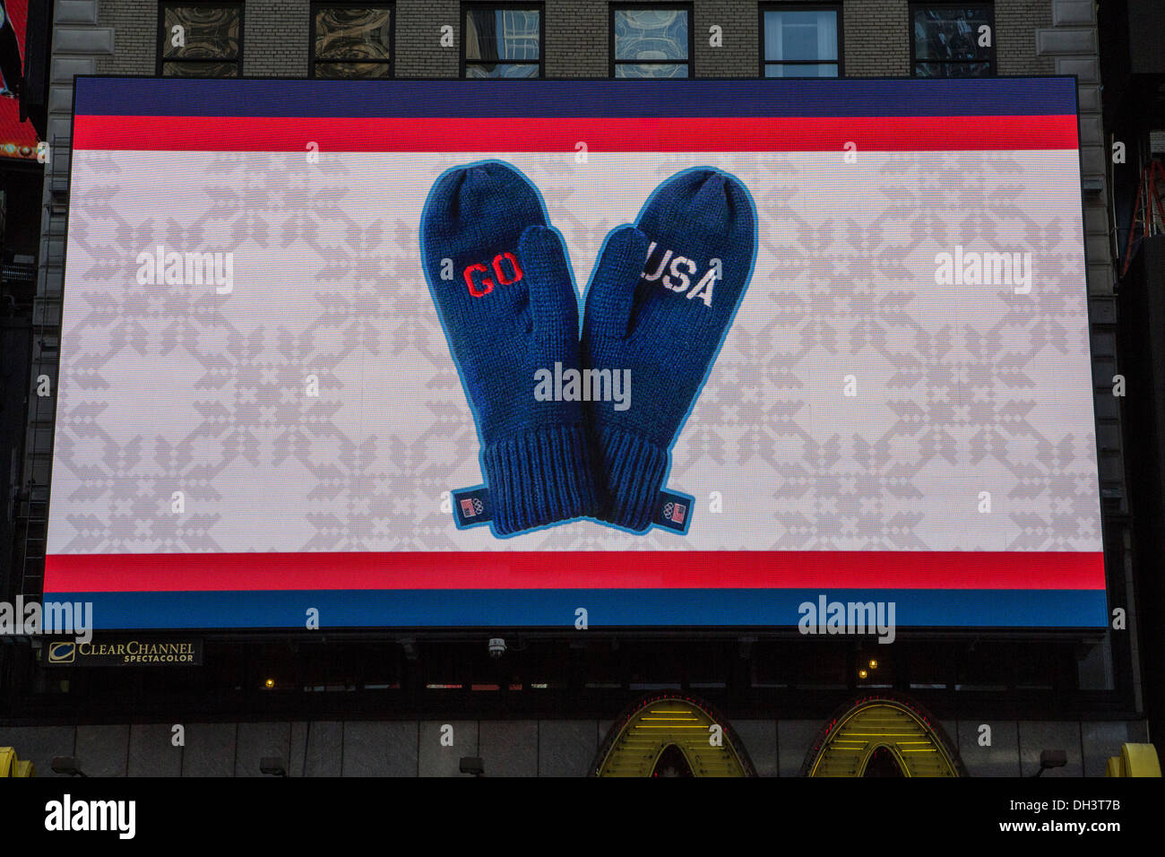 Go USA mittens on electronic board at the USOC 100 Day Countdown to the Sochi 2014 Olympic Winter Games Stock Photo