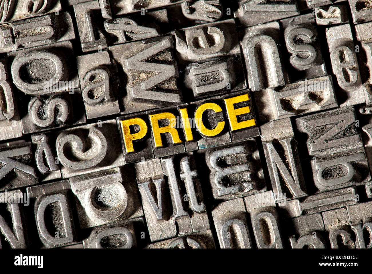 Old lead letters forming the word 'PRICE' Stock Photo
