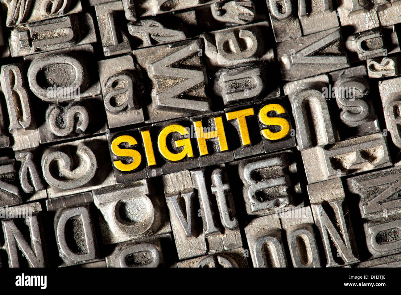 Old lead letters forming the word 'SIGHTS' Stock Photo