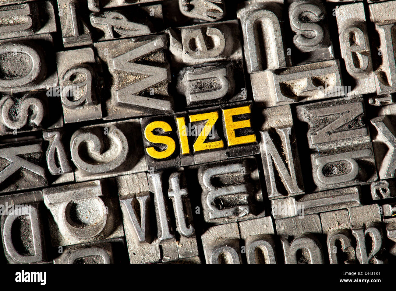Old lead letters forming the word 'SIZE' Stock Photo