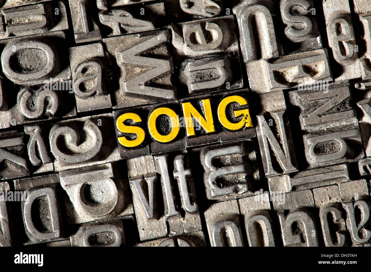 Old lead letters forming the word 'SONG' Stock Photo