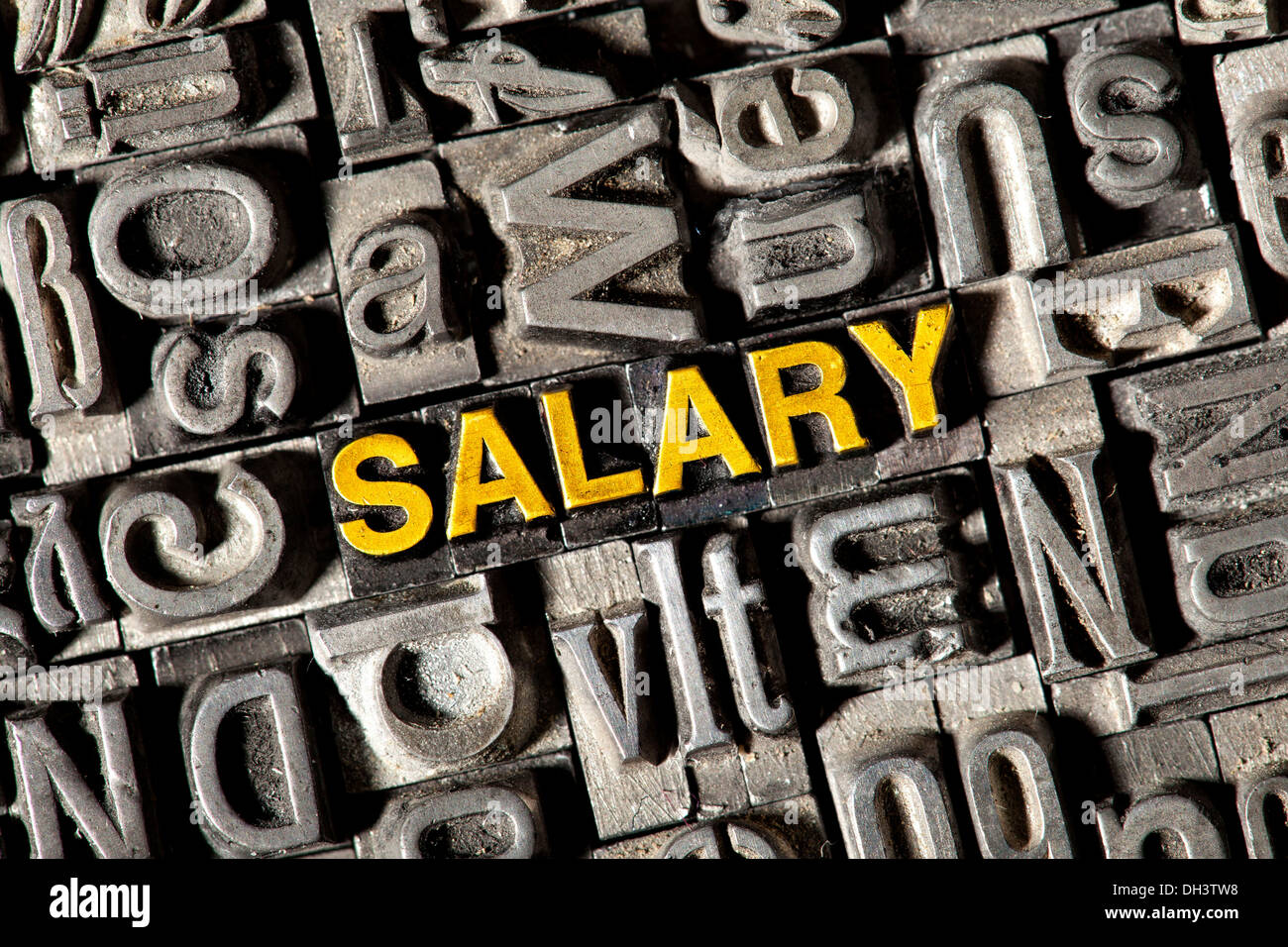 Old lead letters forming the word 'SALARY' Stock Photo