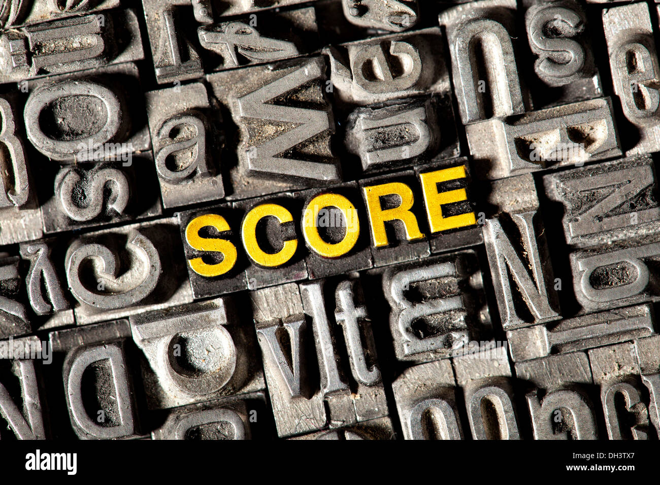 Old lead letters forming the word 'SCORE' Stock Photo