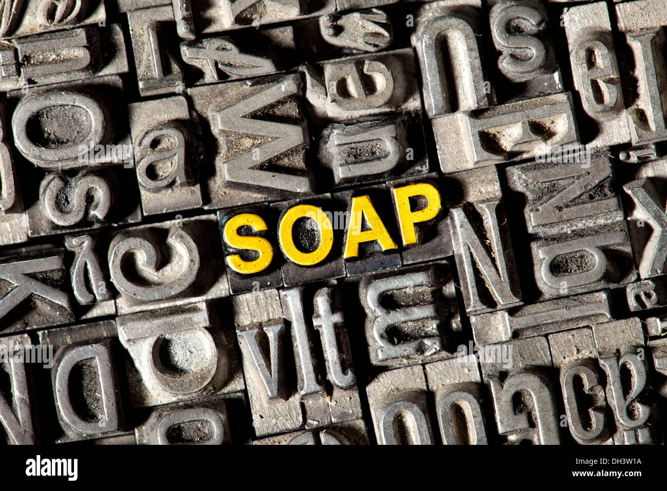 Old lead letters forming the word 'SOAP' Stock Photo