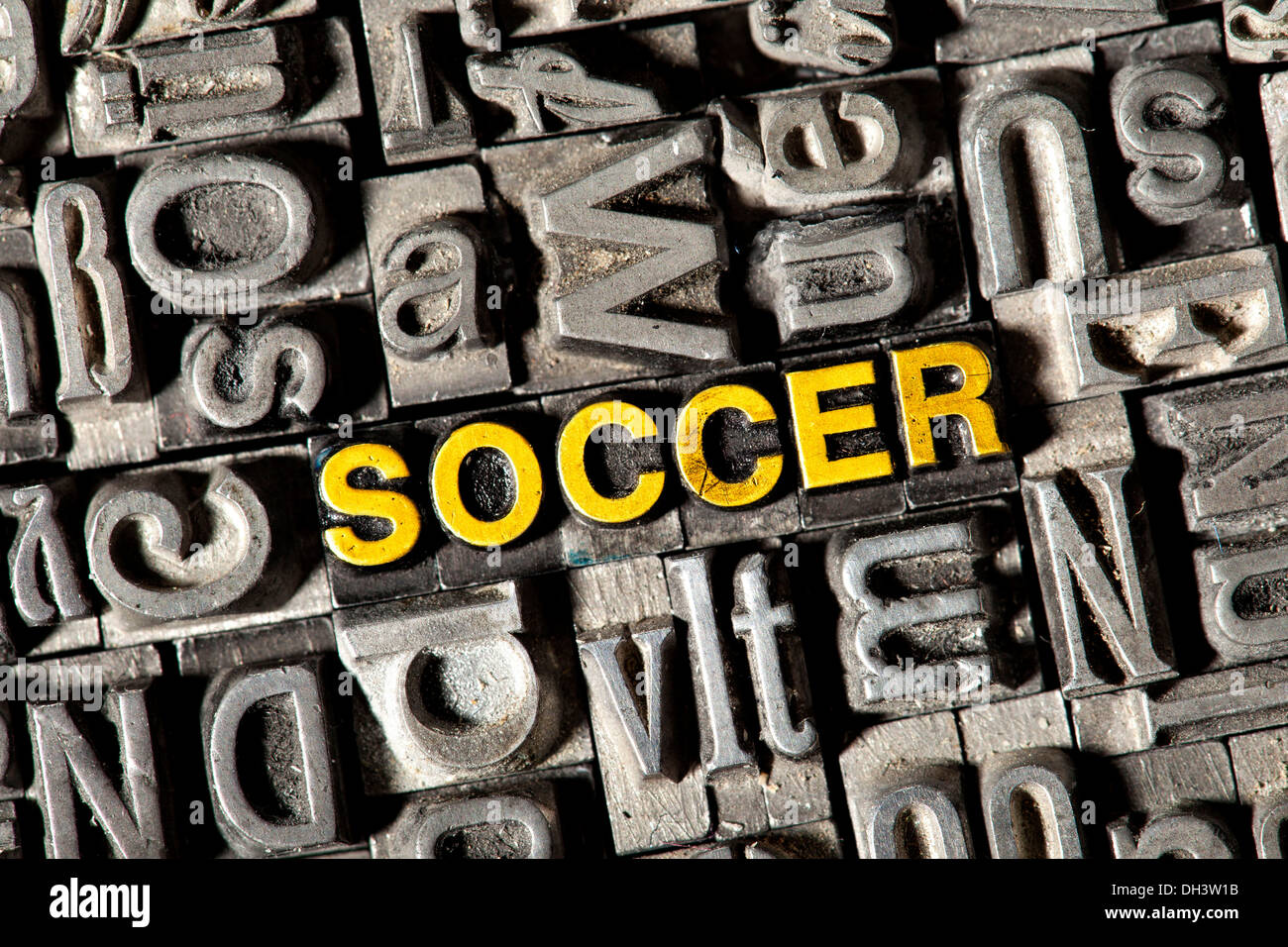 Old lead letters forming the word 'SOCCER' Stock Photo