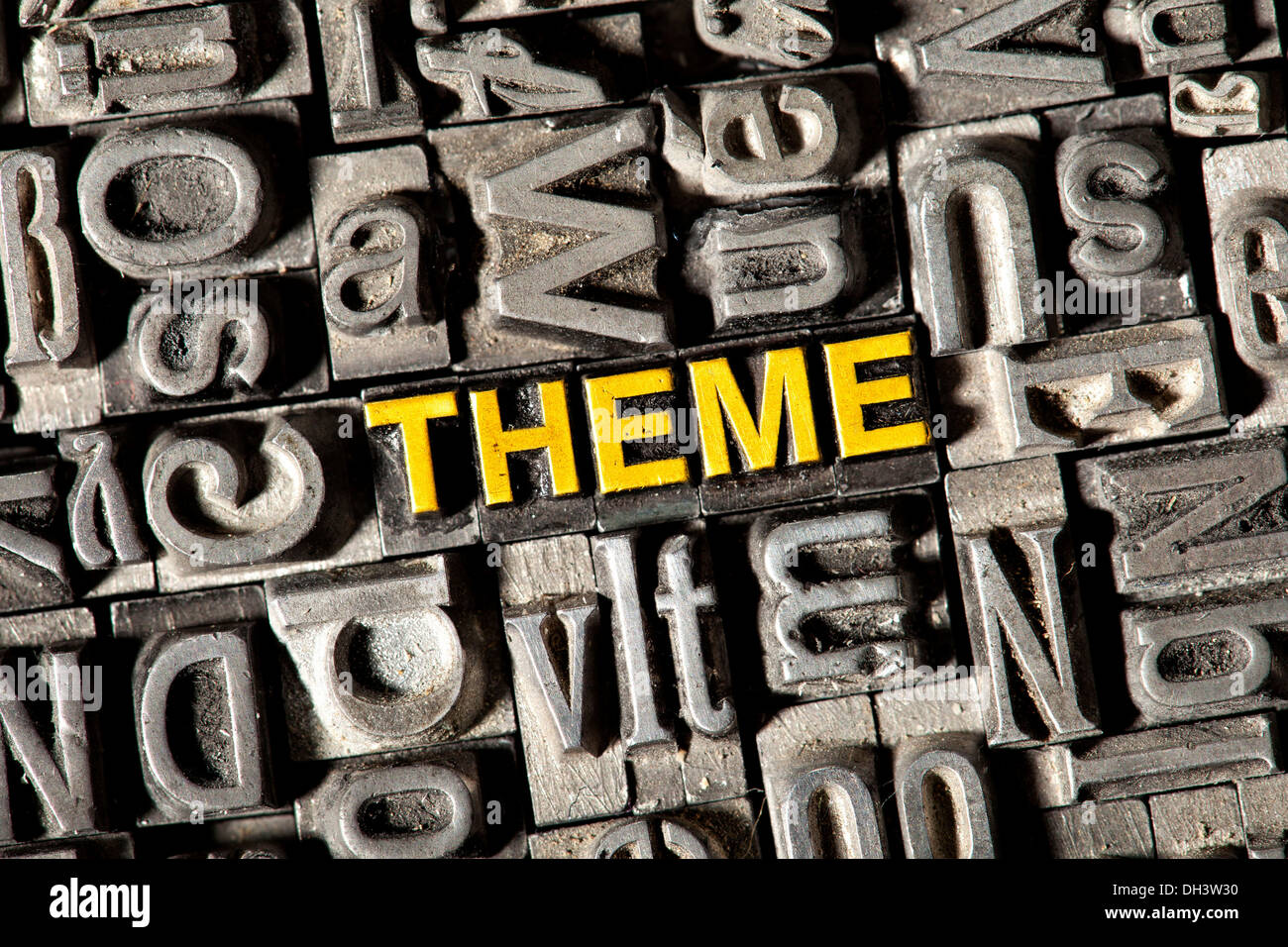 Old lead letters forming the word 'THEME' Stock Photo