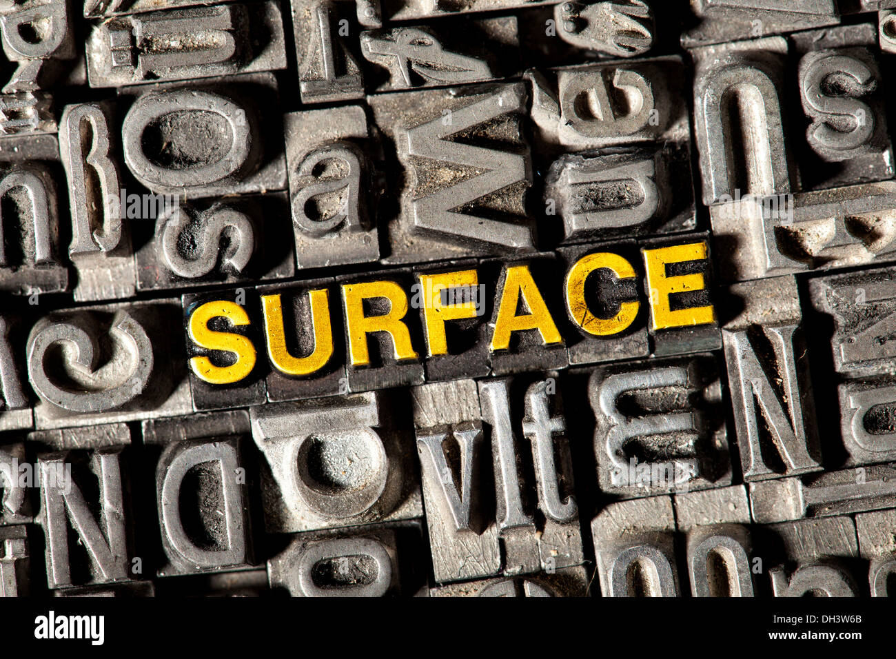 Old lead letters forming the word 'SURFACE' Stock Photo