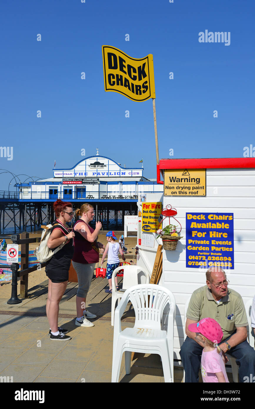 Deck chair hire hut on Cleethorpes Beach, Cleethorpes, Lincolnshire, England, United Kingdom Stock Photo