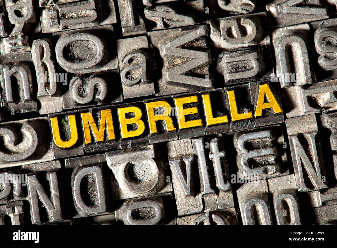 Old lead letters forming the word Umbrella Stock Photo Alamy