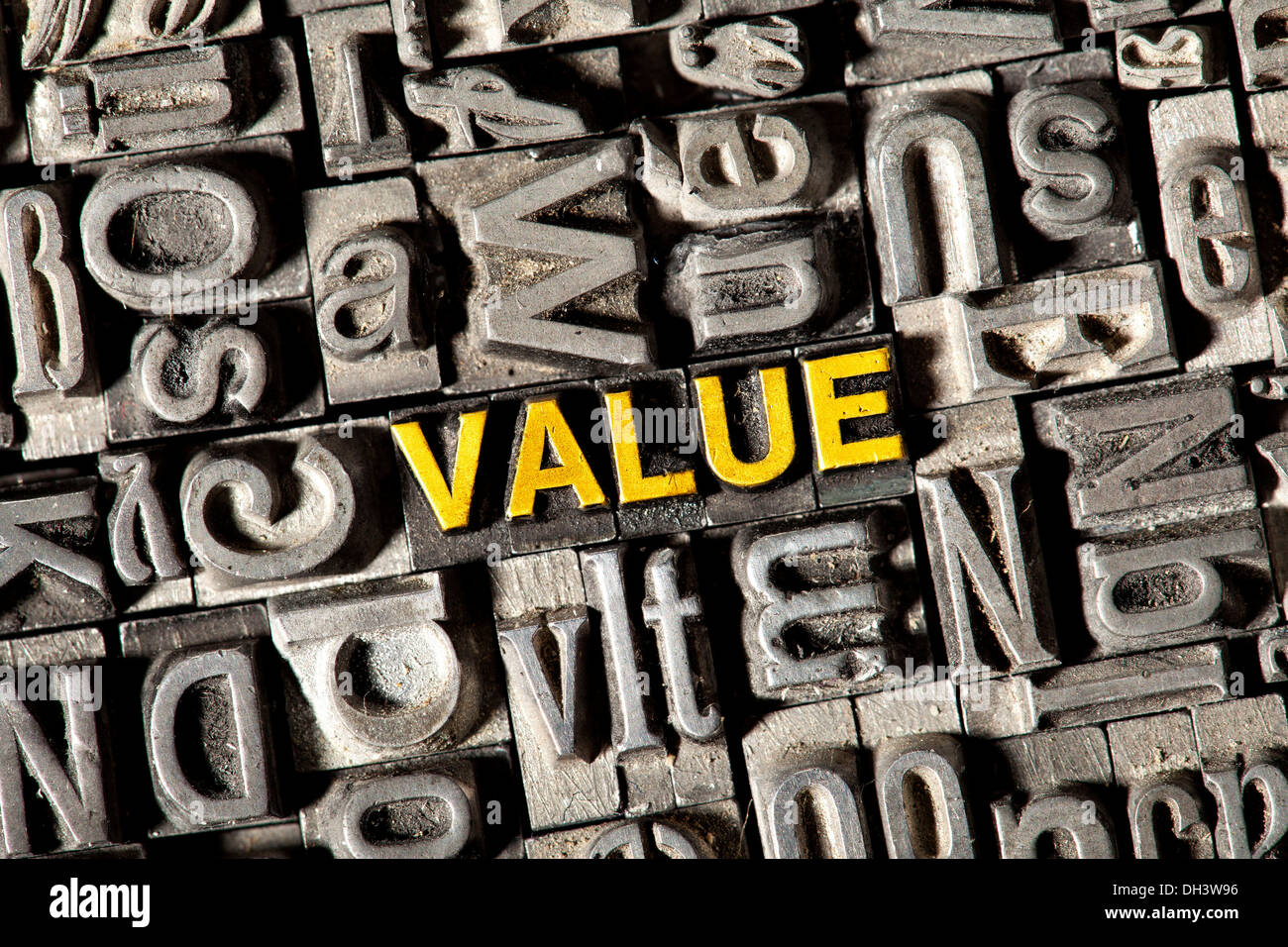 Old lead letters forming the word Value Stock Photo