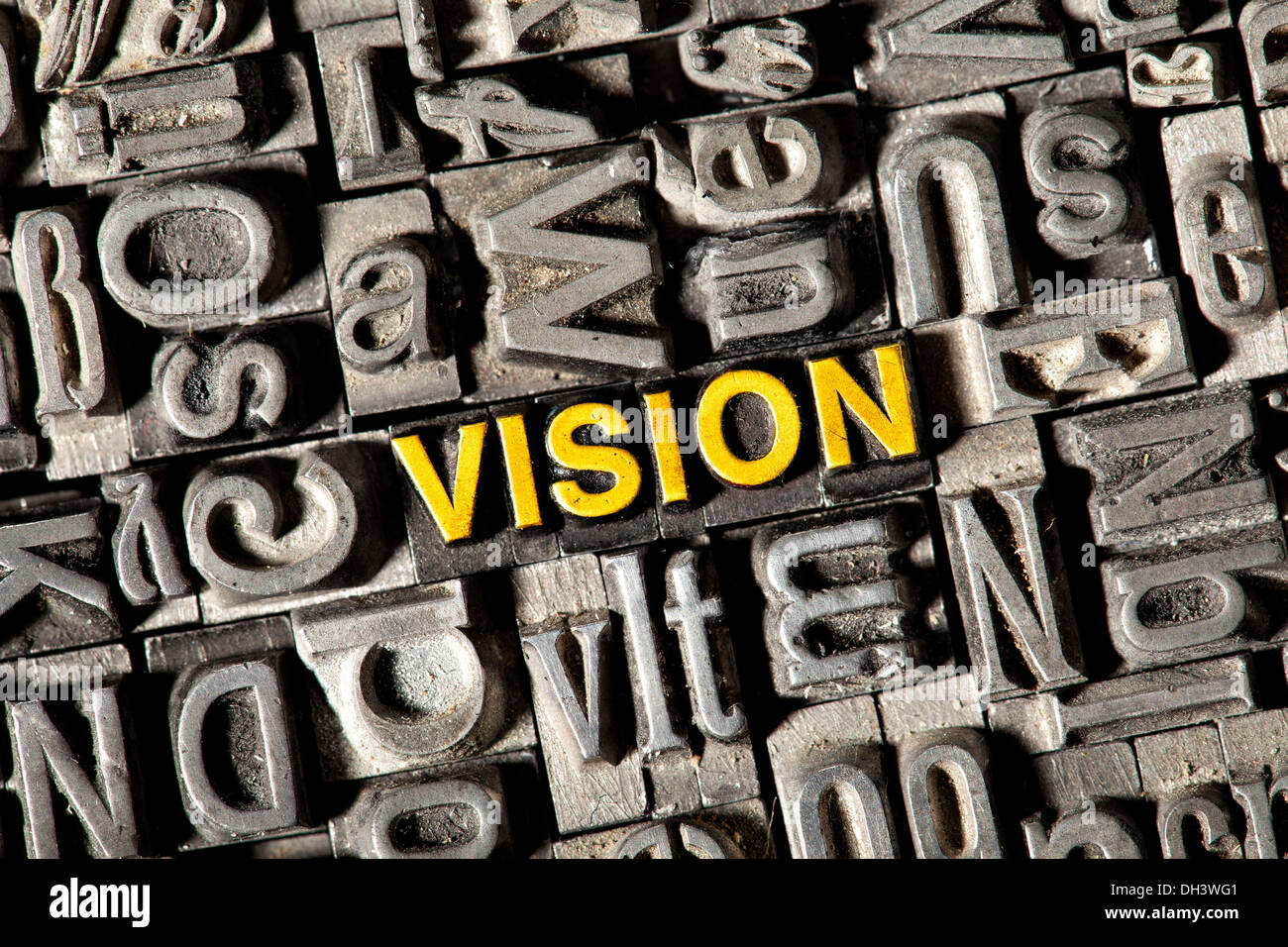 Old lead letters forming the word Vision Stock Photo