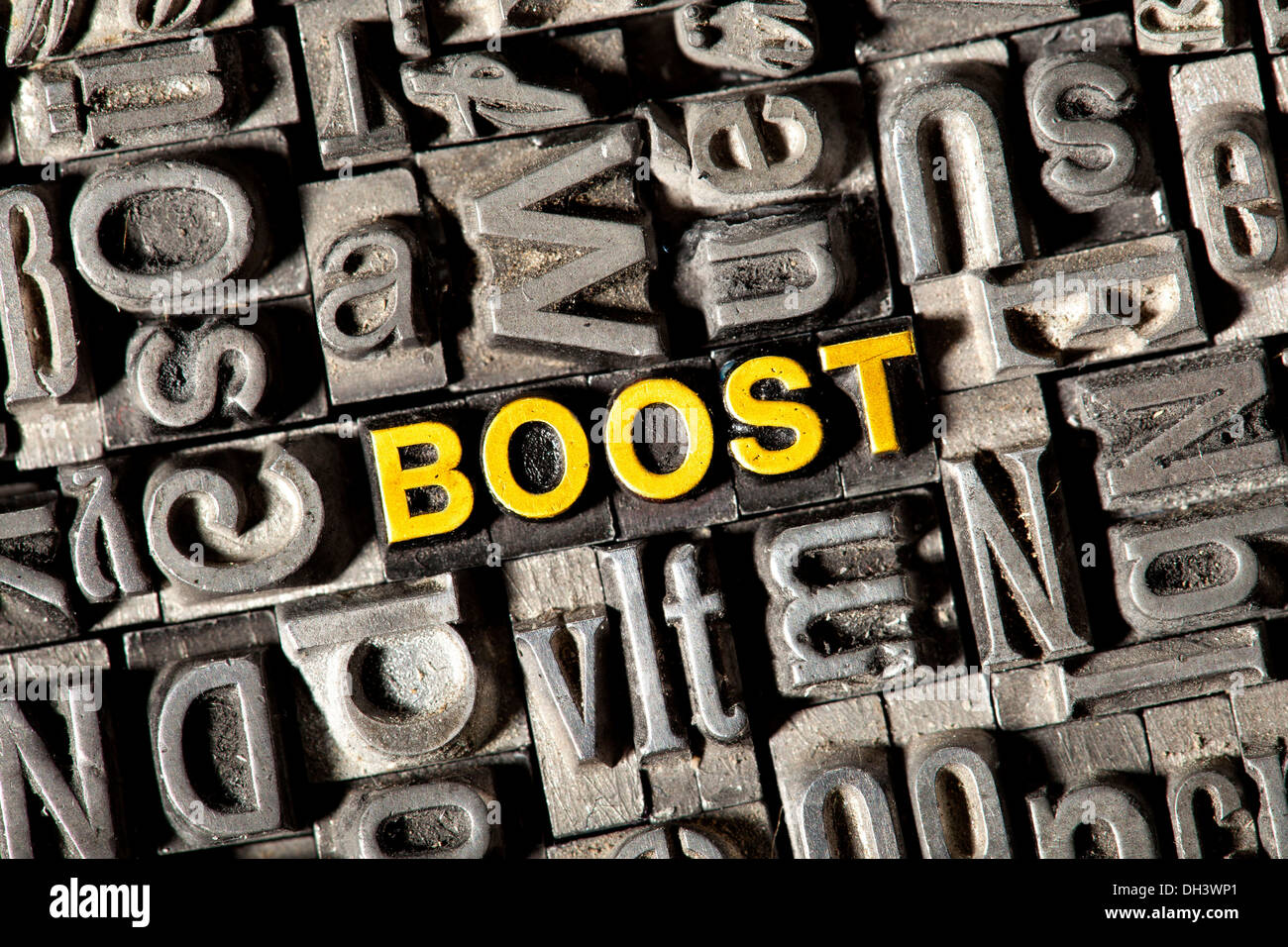 Old lead letters forming the word Boost Stock Photo