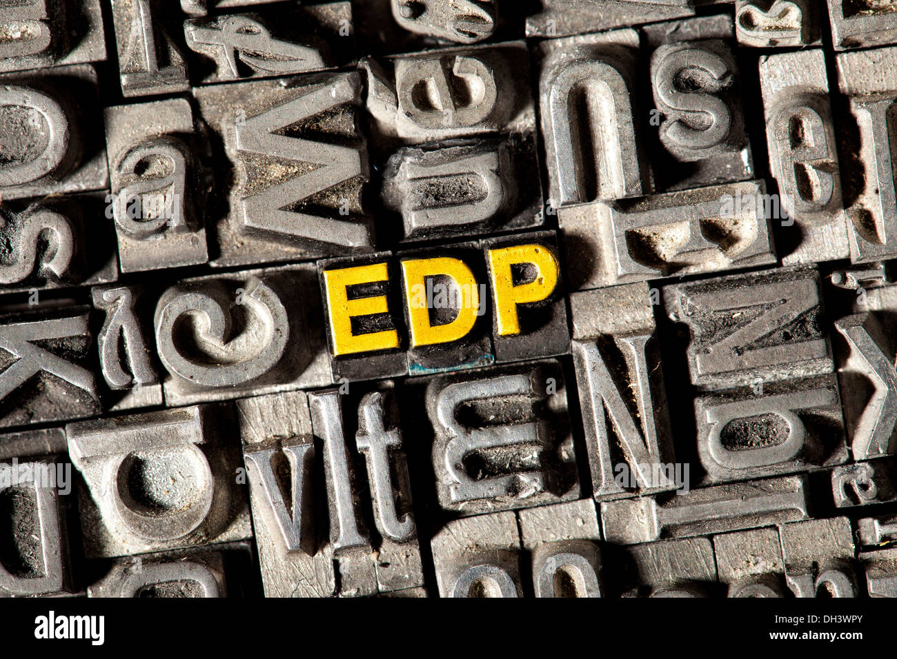 Old lead letters forming the abbreviation EDP Stock Photo