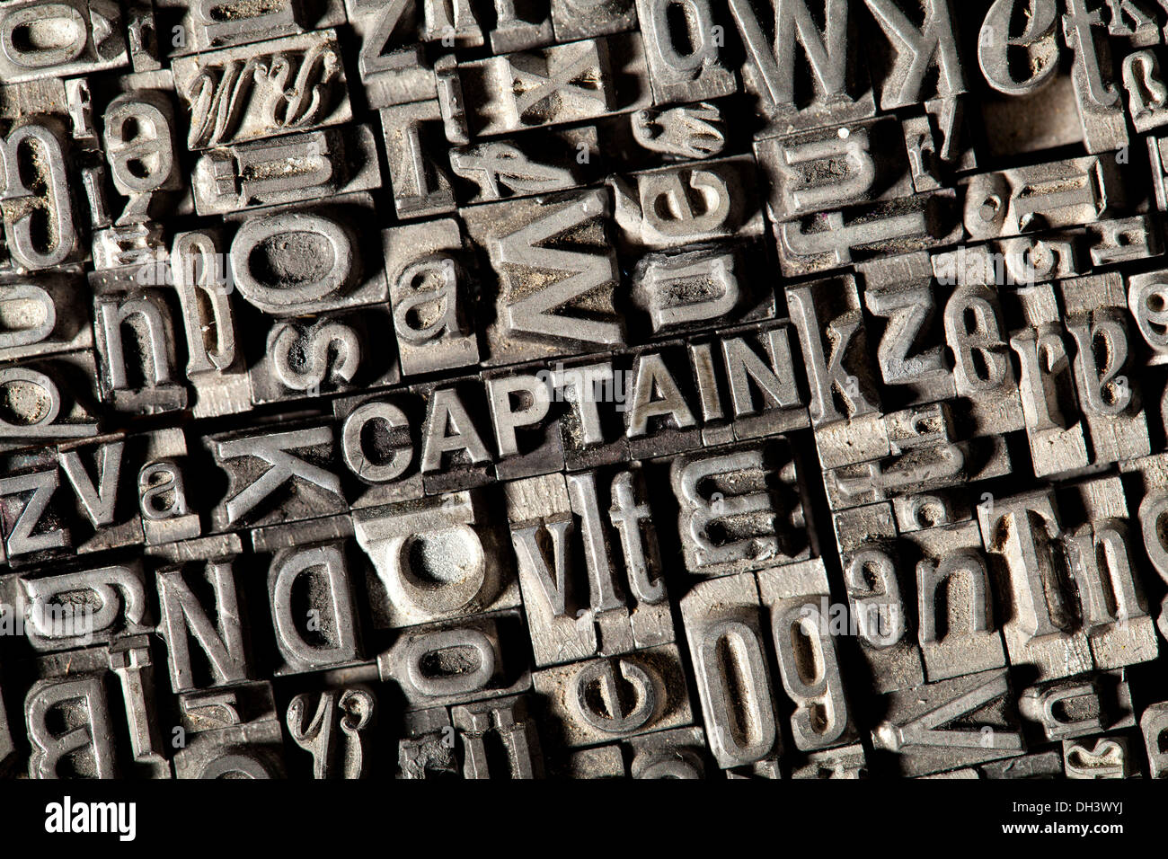 Old lead letters forming the word &quot;CAPTAIN&quot; Stock Photo