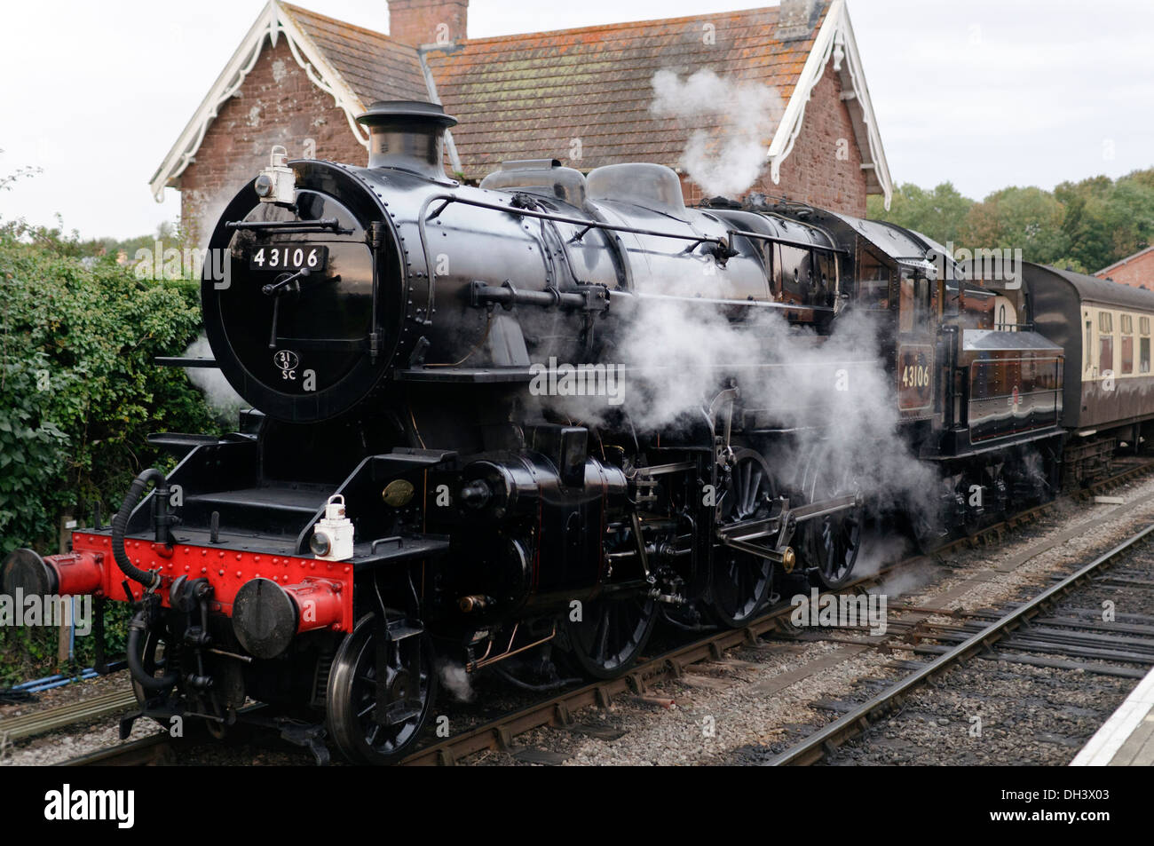 Ivatt (Mucky Duck) class 4MT number 43106 Steam Locomotive standing at Bishops Lydeard station on the West Somerset Railway Stock Photo
