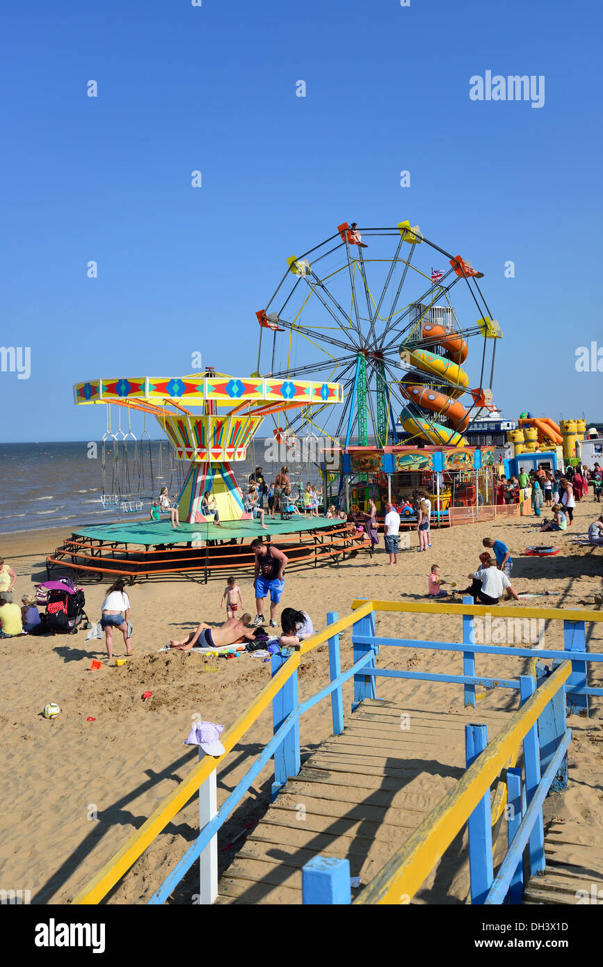 Funfair rides on Cleethorpes Beach, Cleethorpes, Lincolnshire, England, United Kingdom Stock Photo