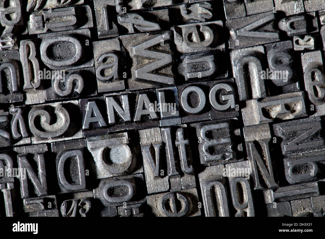 Old lead letters forming the word ANALOG Stock Photo
