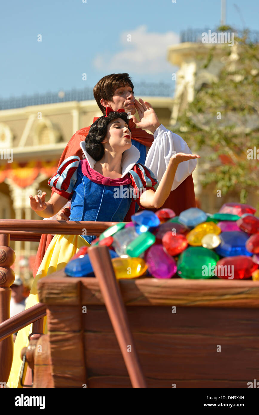 Snow White and Prince at Parade in Magic Kingdom, Disney World Resort, Orlando Florida Stock Photo