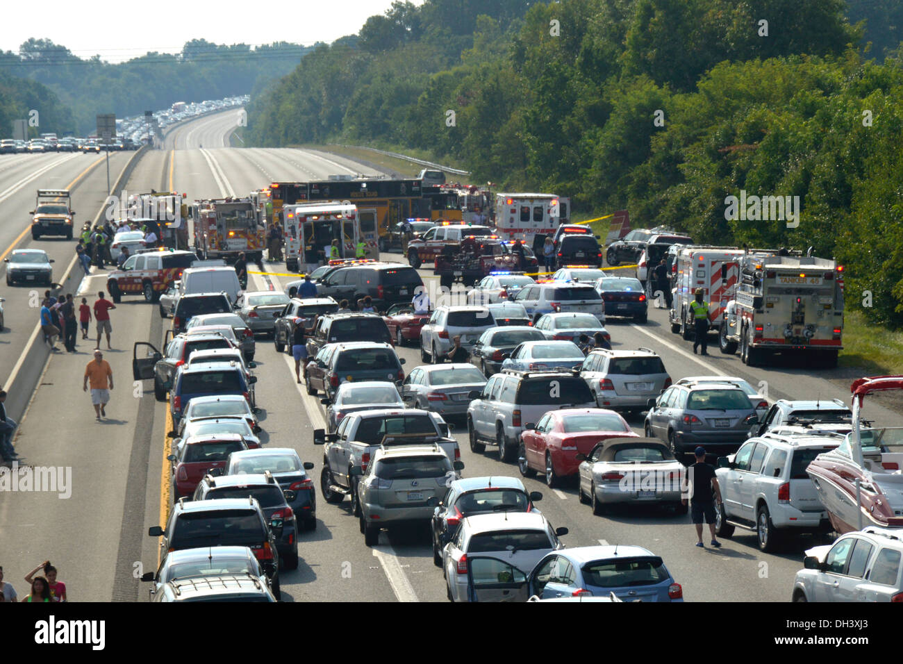 Traffic gridlock after crash on a highway in Bowie,Md Stock Photo