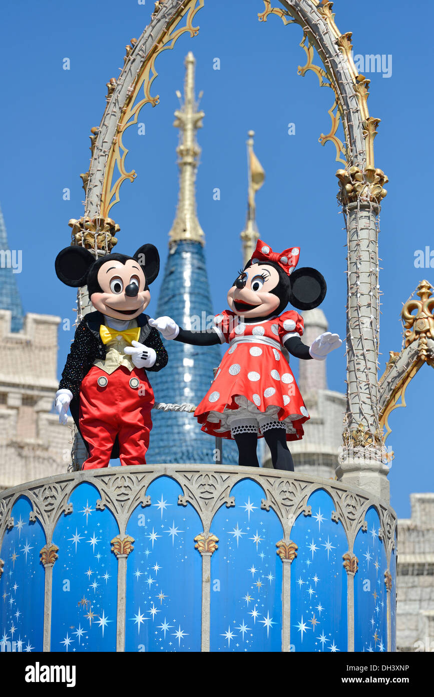 Mickey and Minnie Mouse, Dream Along Show in Front of Cinderella Castle at the Magic Kingdom, Disney World, Florida HS Stock Photo