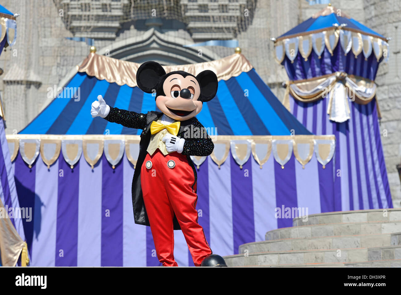 Mickey Mouse in front of Cinderella Castle, Dream Along Show, Magic Kingdom, Disney World Resort, Orlando Florida Stock Photo