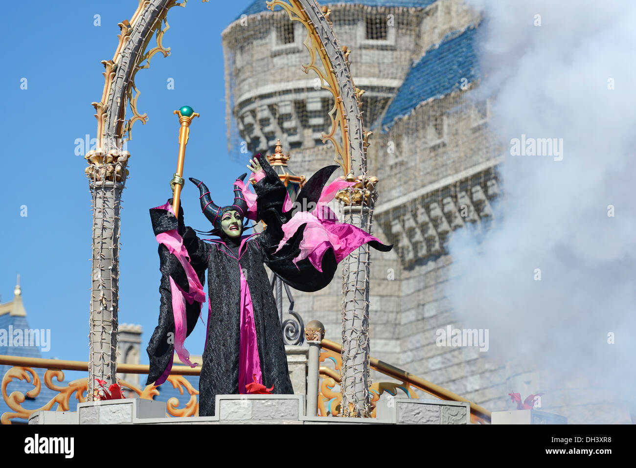 Maleficent, Sleeping Beauty Evil Witch on stage at Cinderella Castle, at the Magic Kingdom, Disney World Resort, Orlando Florida Stock Photo