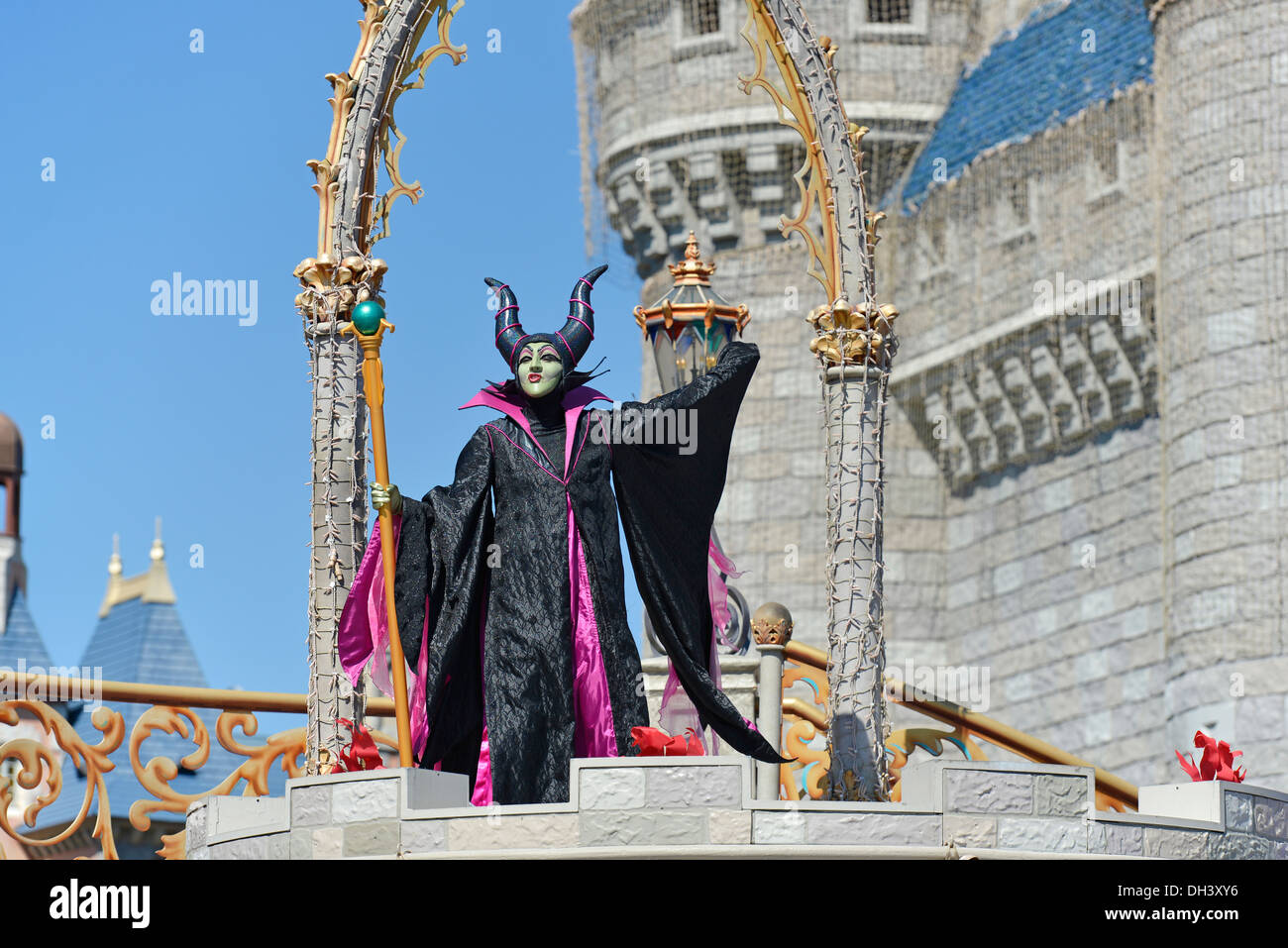 Maleficent, Sleeping Beauty Evil Witch on stage at Cinderella Castle, at the Magic Kingdom, Disney World Resort, Orlando Florida Stock Photo