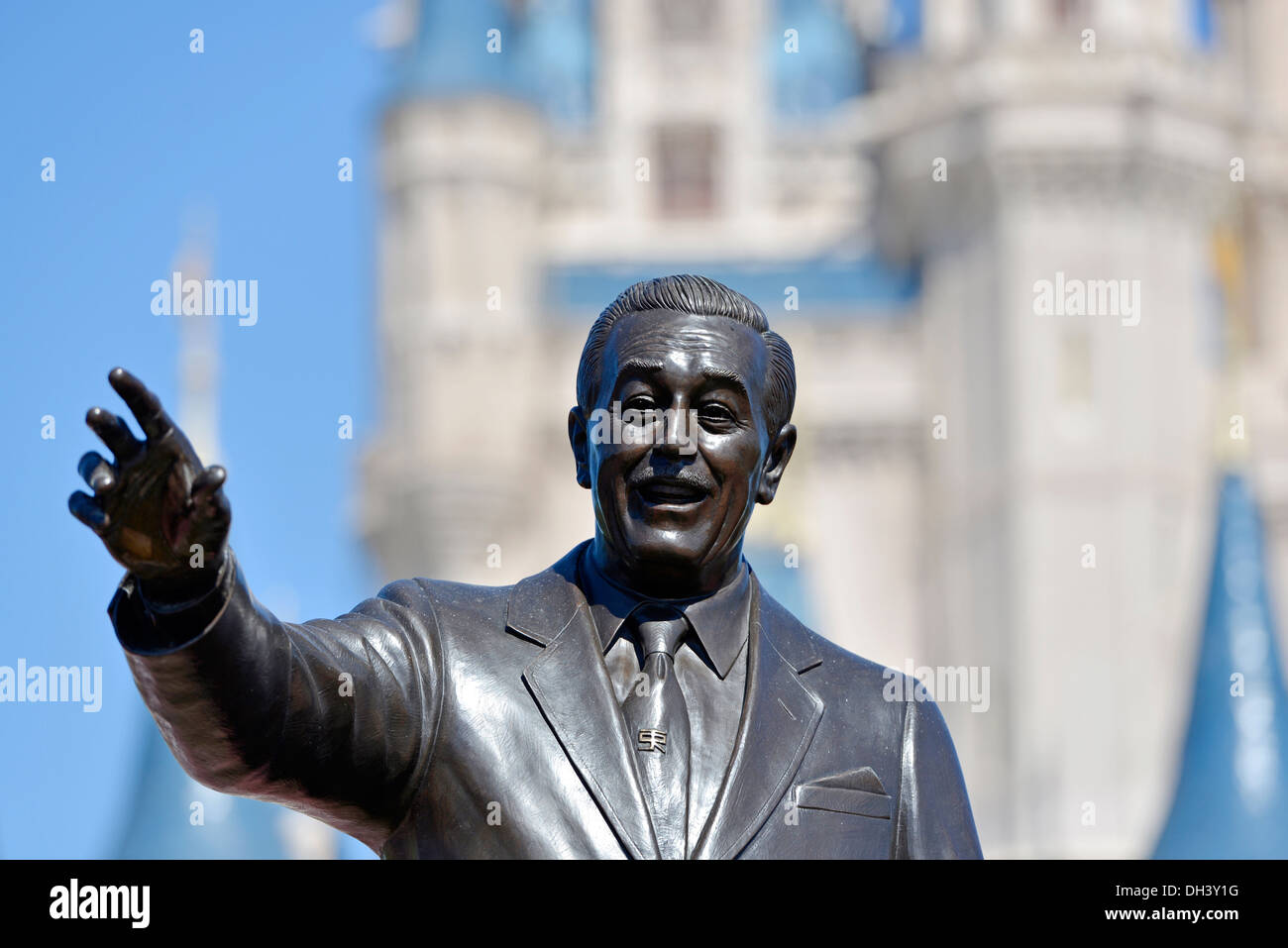 Walt Disney Statue in front of Cinderella Castle at Magic Kingdom, Disney World Resort, Orlando Florida Stock Photo