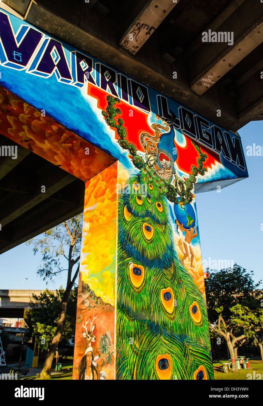 An image of a colorful mural located at Chicano Park in the Barrio Logan community of San Diego, California, United States. Stock Photo