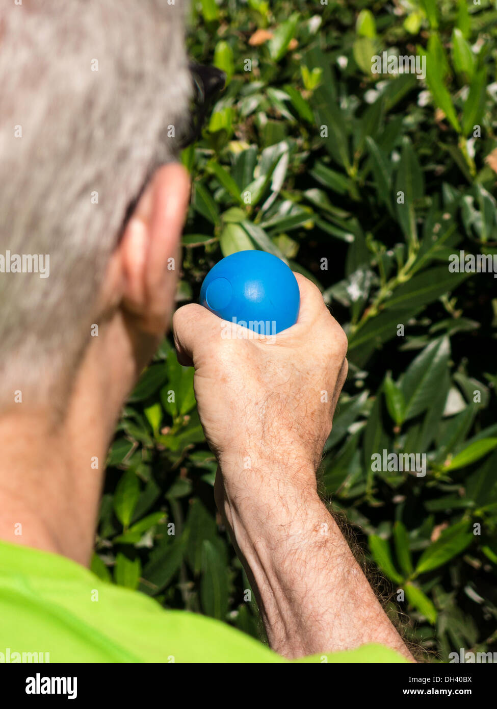 Senior Man flexing stress ball, USA Stock Photo