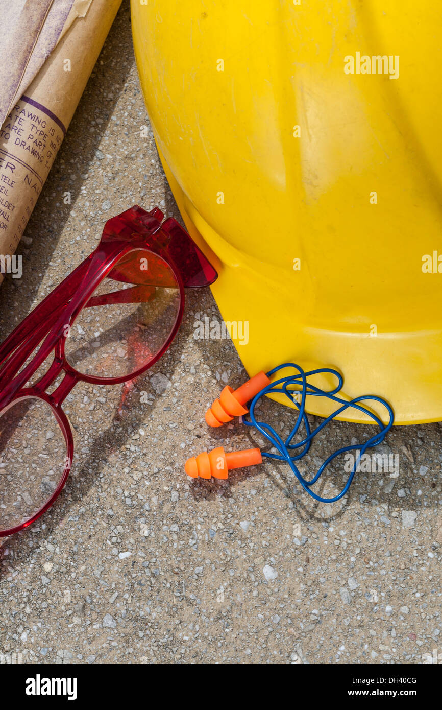 Still Life, Industrial Protection Gear, Hardhat, Ear-plugs and Safety Goggles, USA Stock Photo