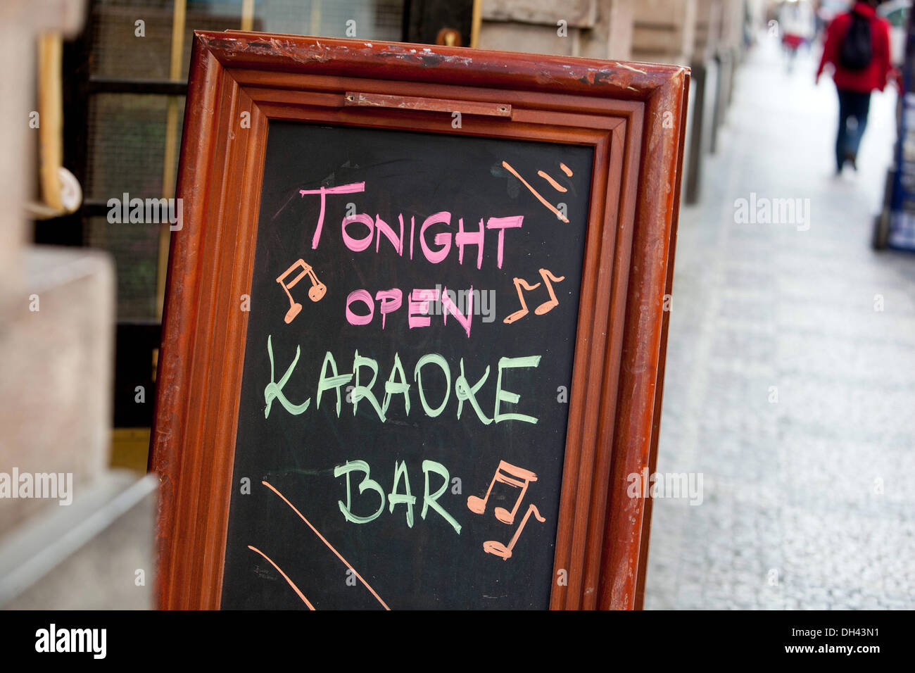 Restaurant street chalk board menu, lunch menu Prague Karaoke bar Stock Photo