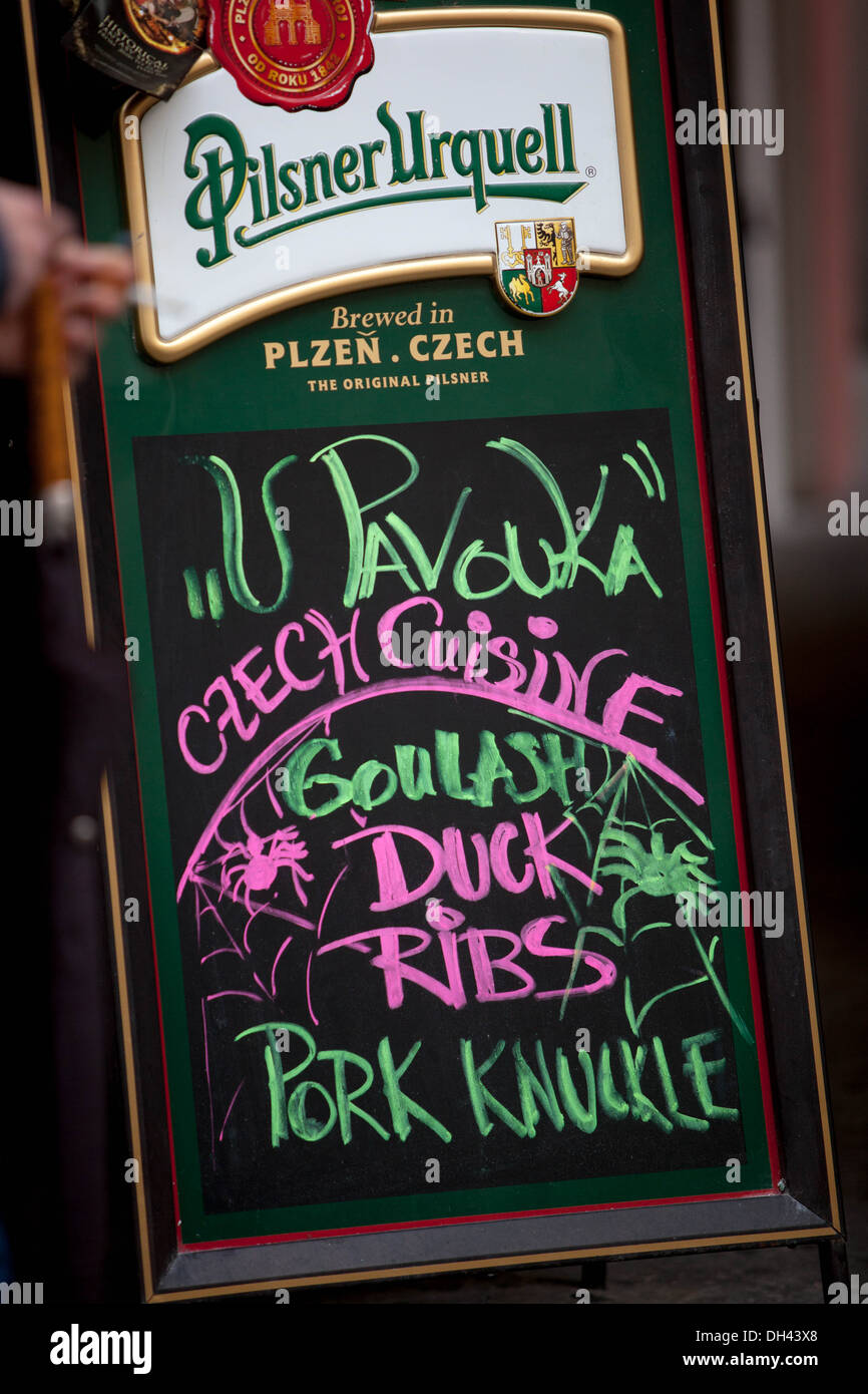 Restaurant 'U Pavouka' street menu board, lunch menu Prague Czech  Republic pub Stock Photo