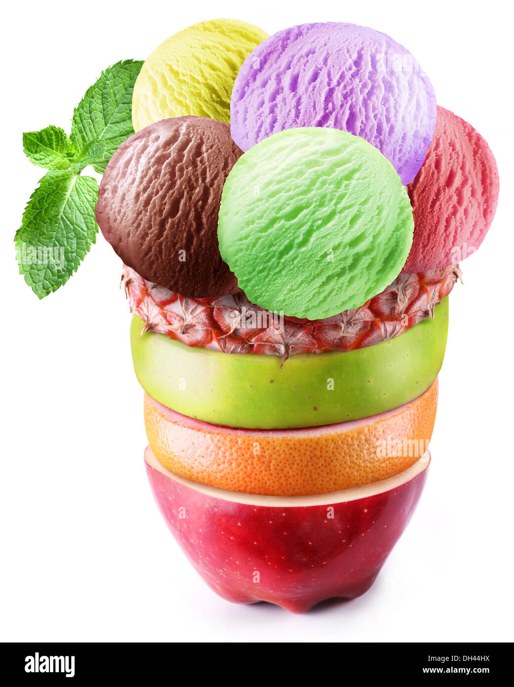 Ice-cream scoops with mint in fruity glass. Stock Photo