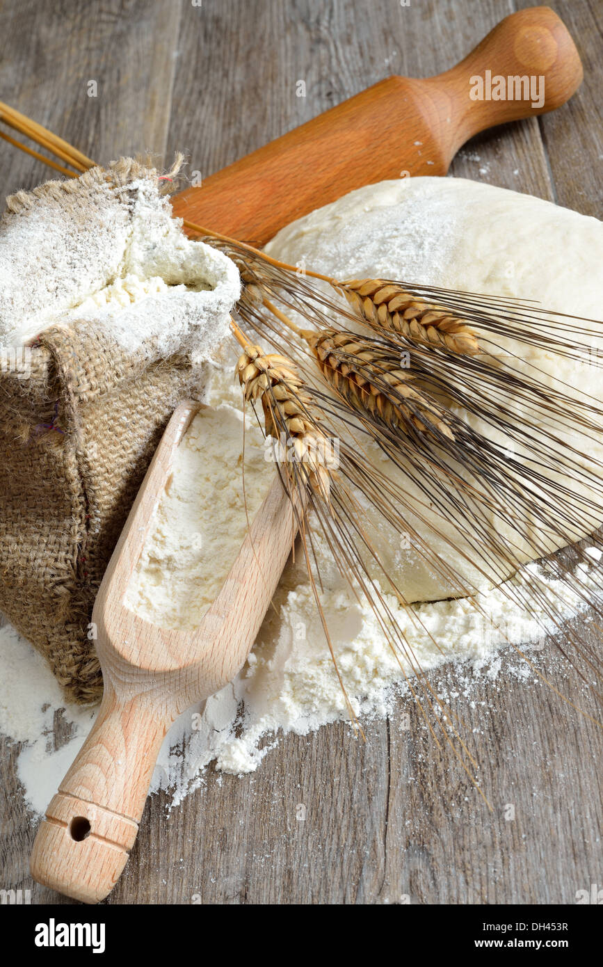 leavened dough for pizza and bread made with flour, water, yeast and