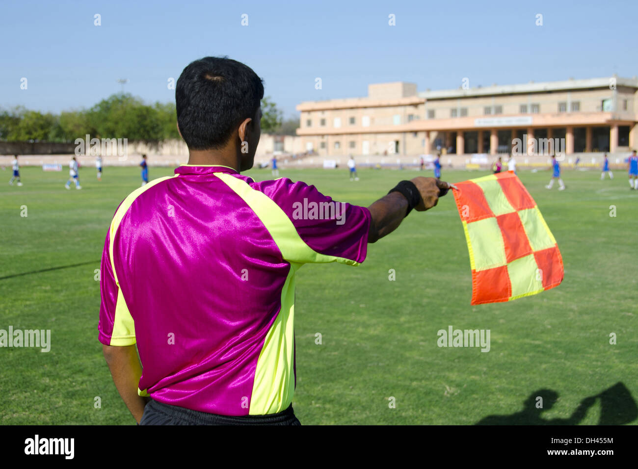 Soccer football game , referee showing flag , india , asia ,   MR#786 Stock Photo