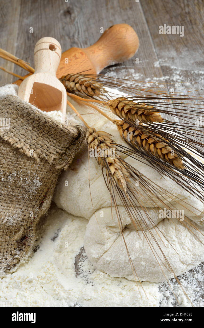 leavened dough for pizza and bread made with flour, water, yeast and