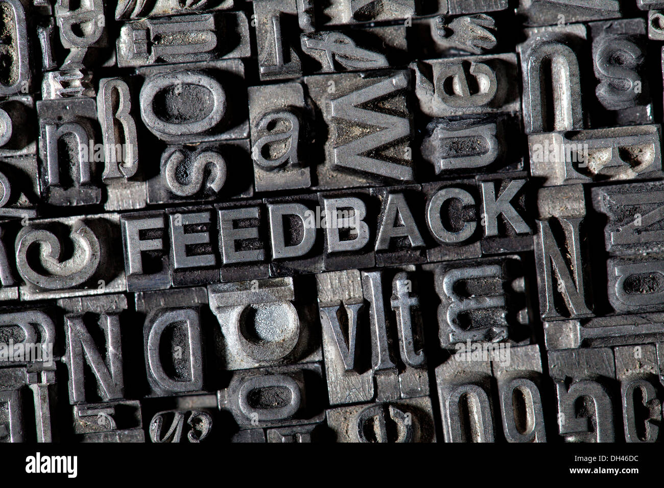 Old lead letters forming the word FEEDBACK Stock Photo