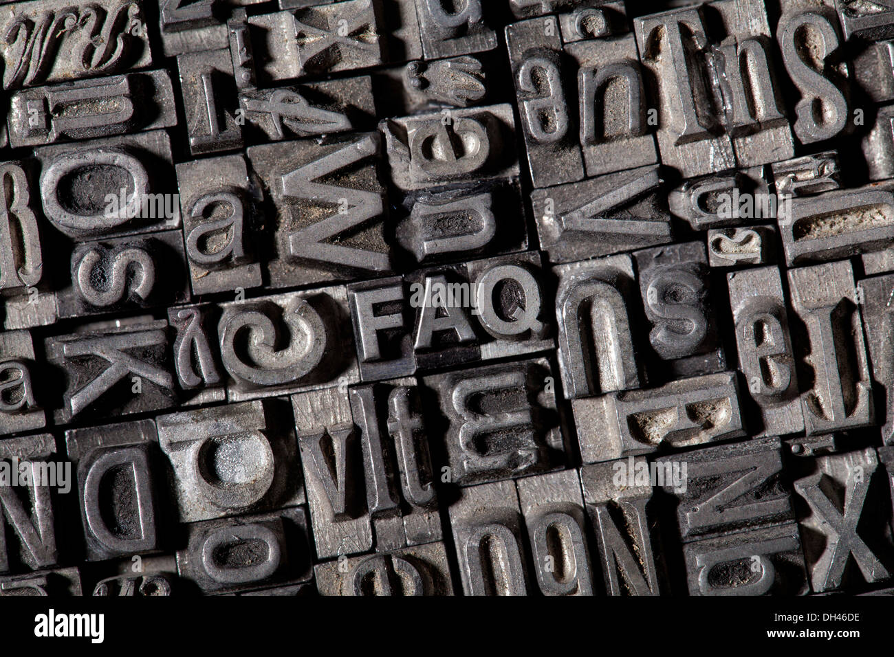 Old lead letters forming the acronym FAQ Stock Photo