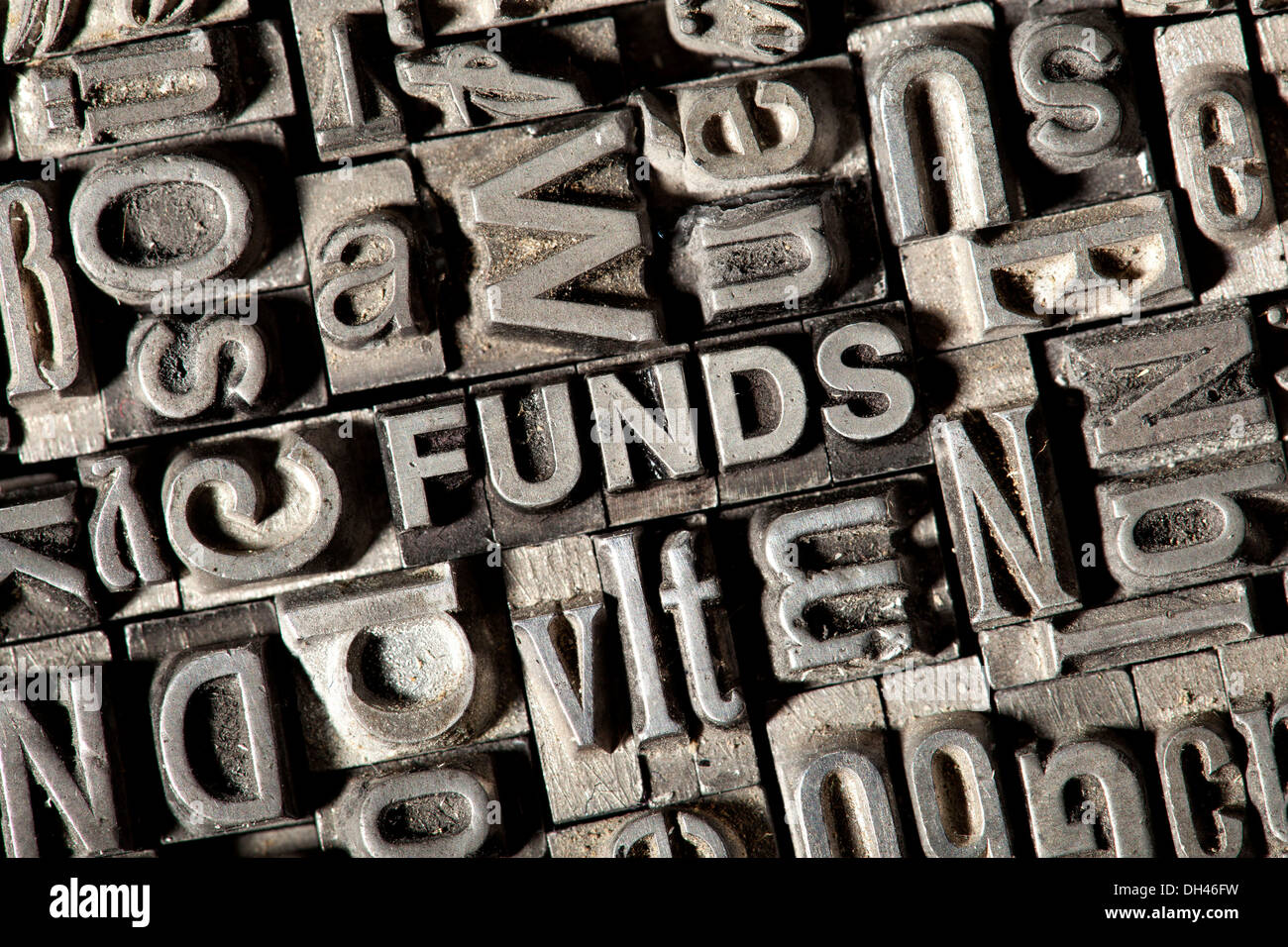 Old lead letters forming the word FUNDS Stock Photo