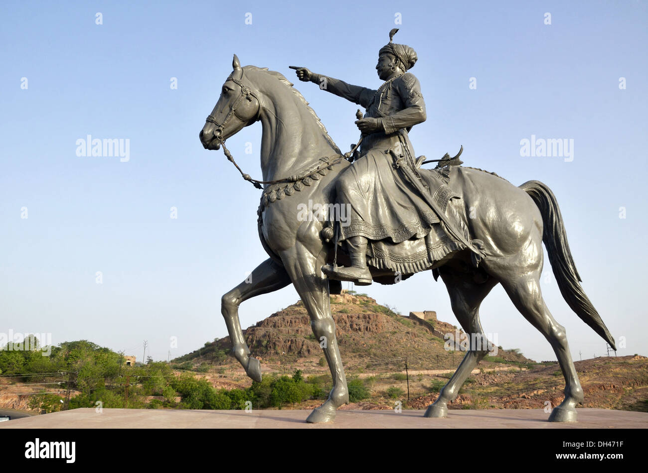 bronze metal statue of Rao Jodha on horse Jodhpur Rajasthan India Stock