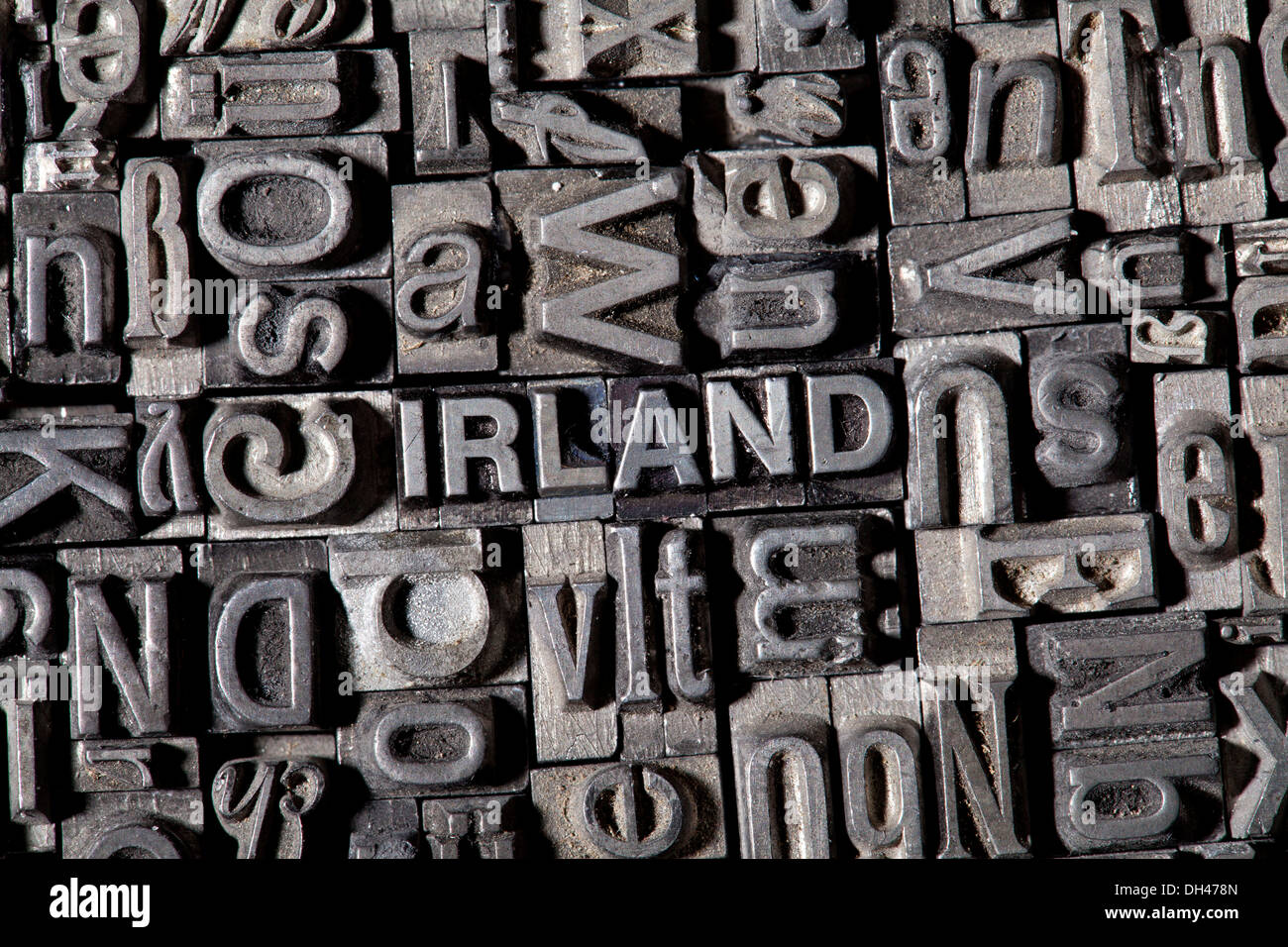 Old lead letters forming the word 'IRLAND', German for 'IRELAND' Stock Photo