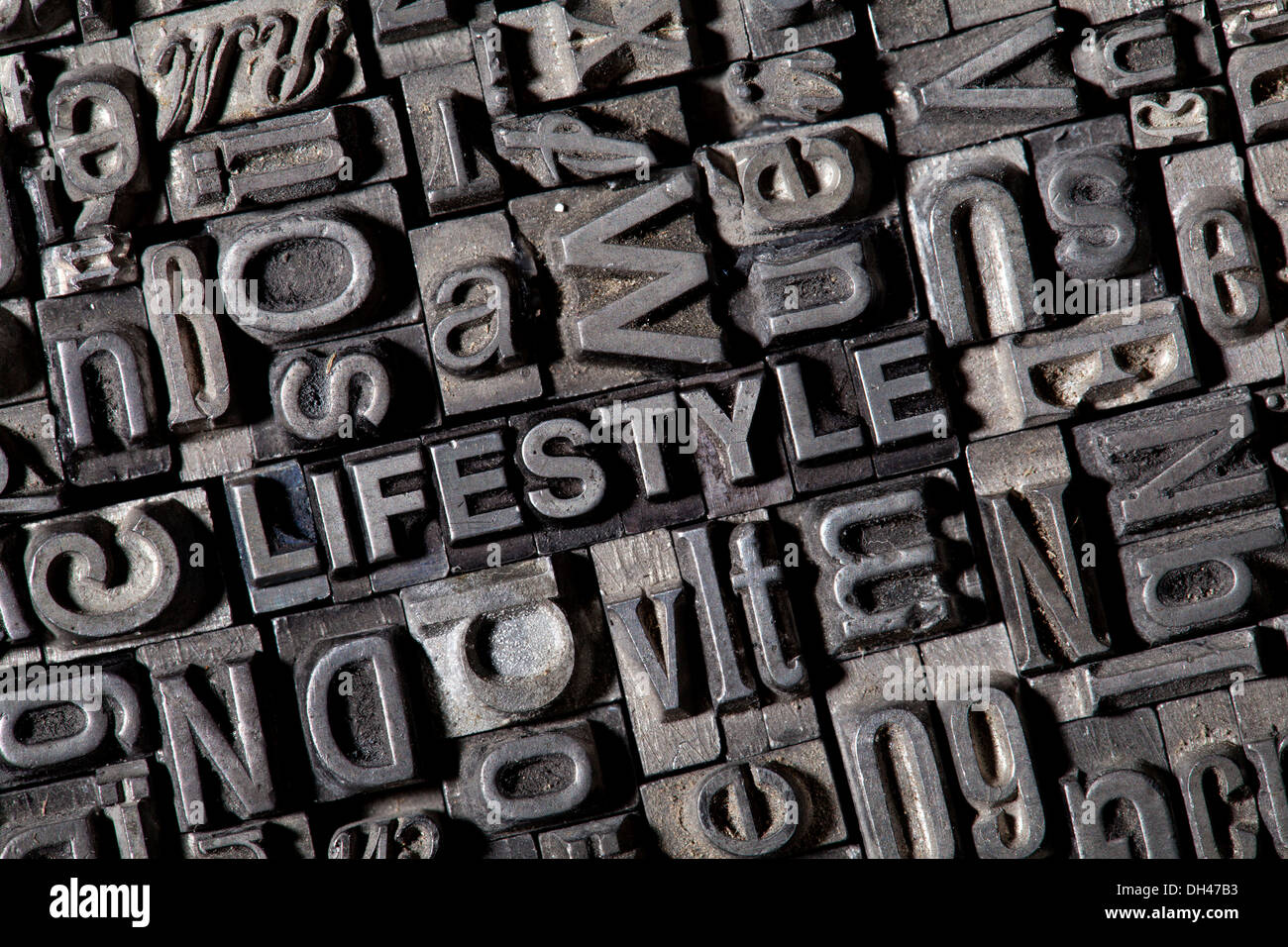 Old lead letters forming the word &quot;LIFESTYLE&quot; Stock Photo