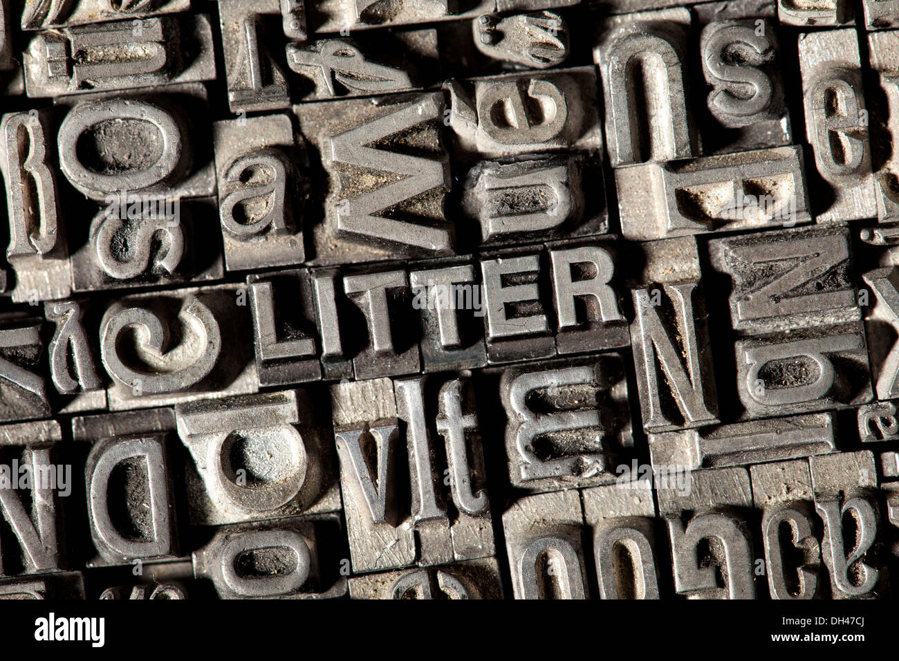 Old lead letters forming the word &quot;LITTER&quot; Stock Photo