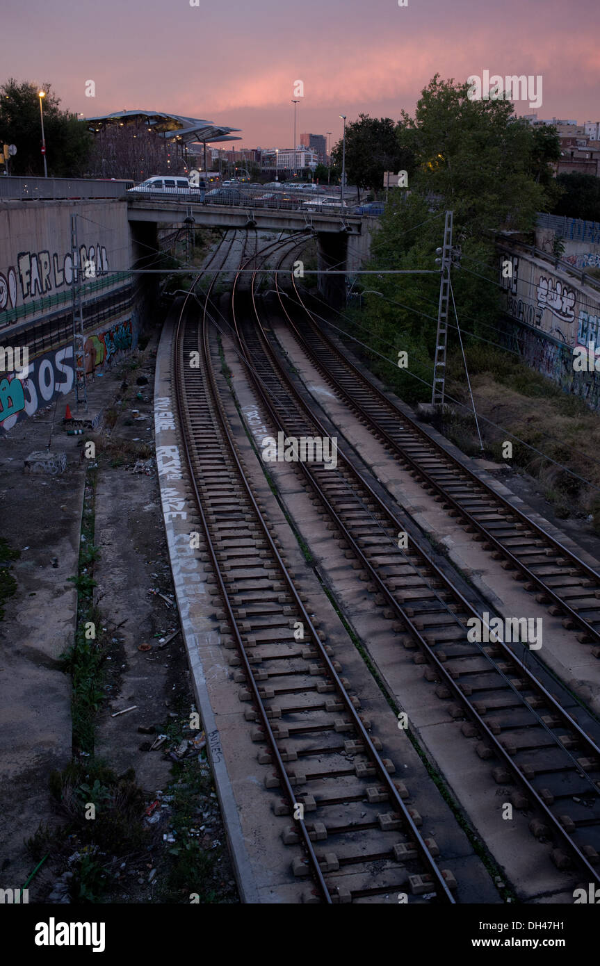 Train tracks in the Poblenou district of Barcelona. Stock Photo