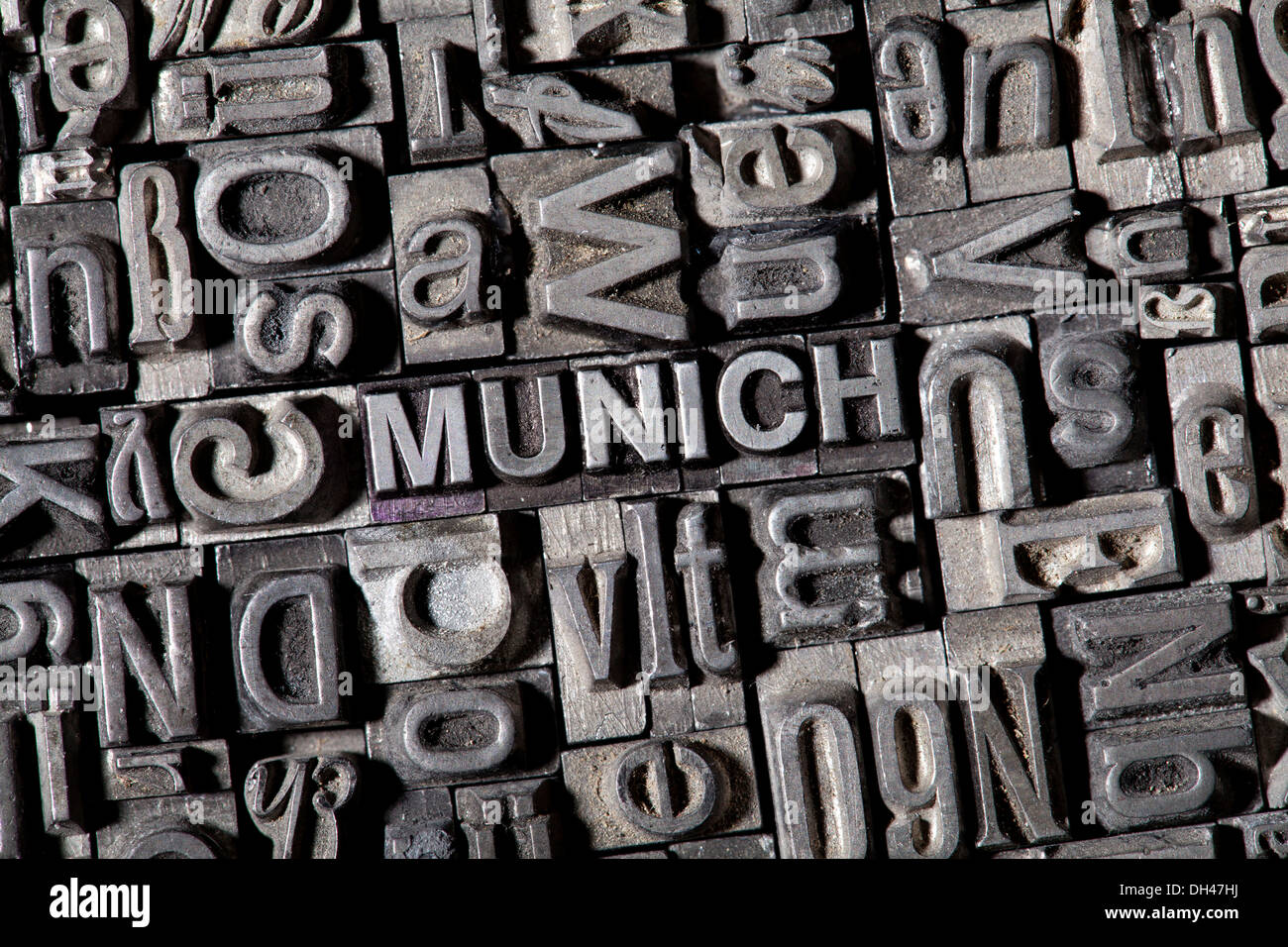 Old lead letters forming the word "MUNICH" Stock Photo