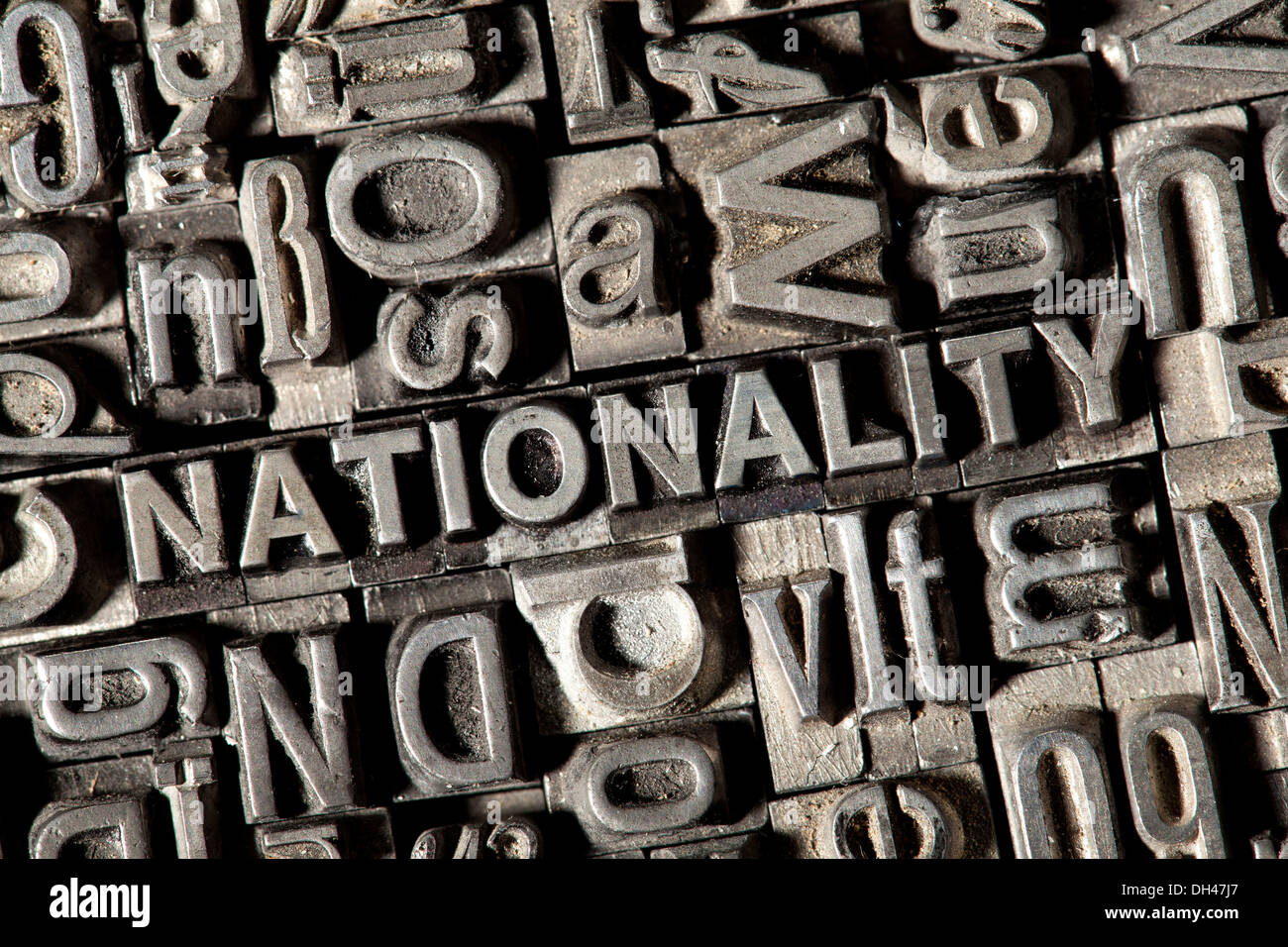 Old lead letters forming the word &quot;NATIONALITY&quot; Stock Photo