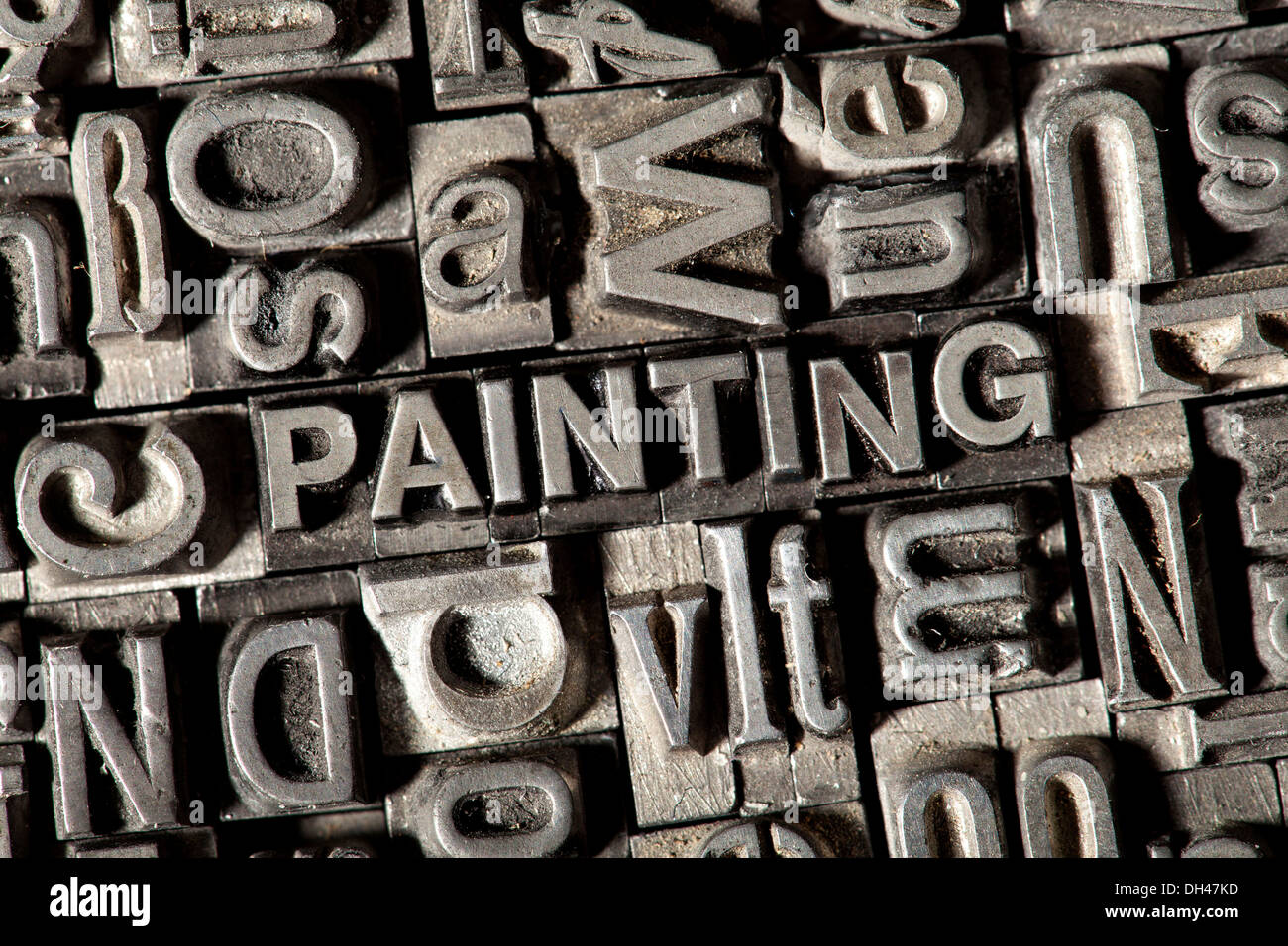 Old lead letters forming the word PAINTING Stock Photo