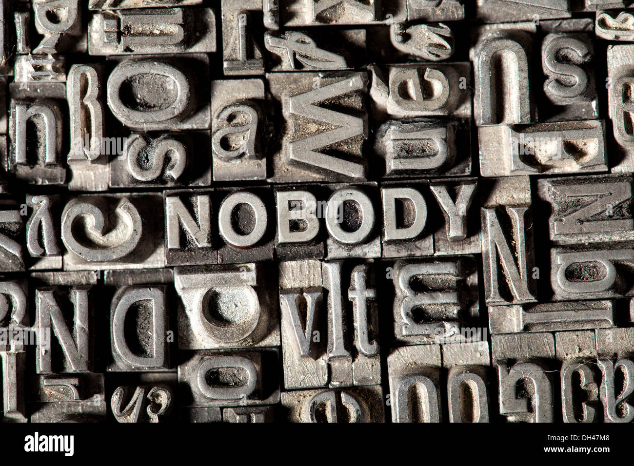 Old lead letters forming the word NOBODY Stock Photo